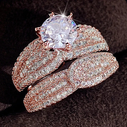 Huitan Bridal Sets Rings with Sparkling Cubic Zircon Luxury Trendy Wedding Engagement 2Pcs Rings for Women Eternity Love Jewelry