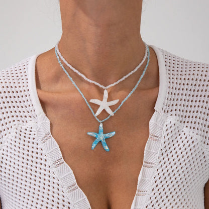 Multi layered Creative Rope Chain Fashion Beach Jewelry Gift Girl Boho White Blue Starfish Pendant With Necklace Women's