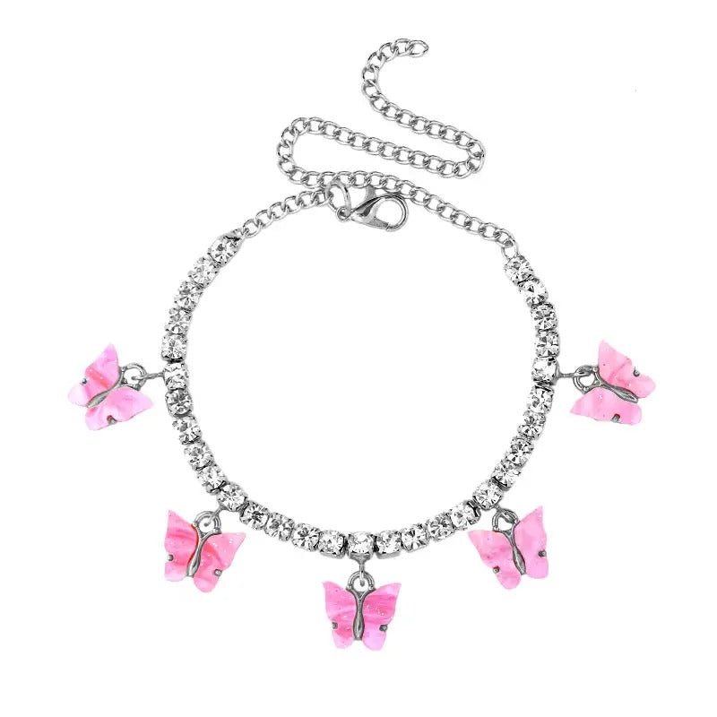 Fashion Butterfly anklet Rhinestone Tennis Chain Foot Chain Jewelry for Women Summer Beach Anklet Butterfly Barefoot Chain