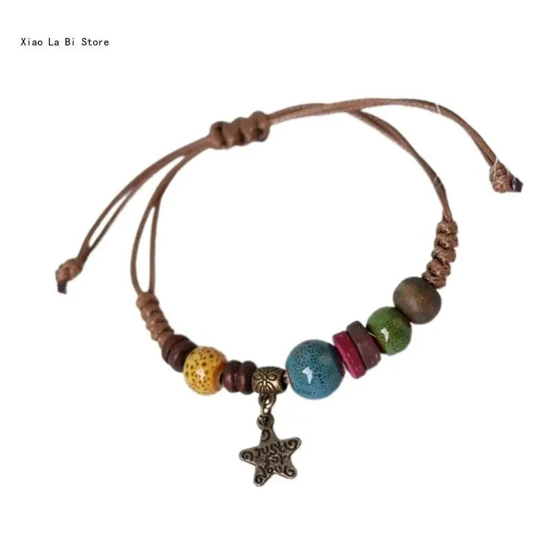 Boho Ceramic Beaded Bracelet Handwoven String Wrist Accessory