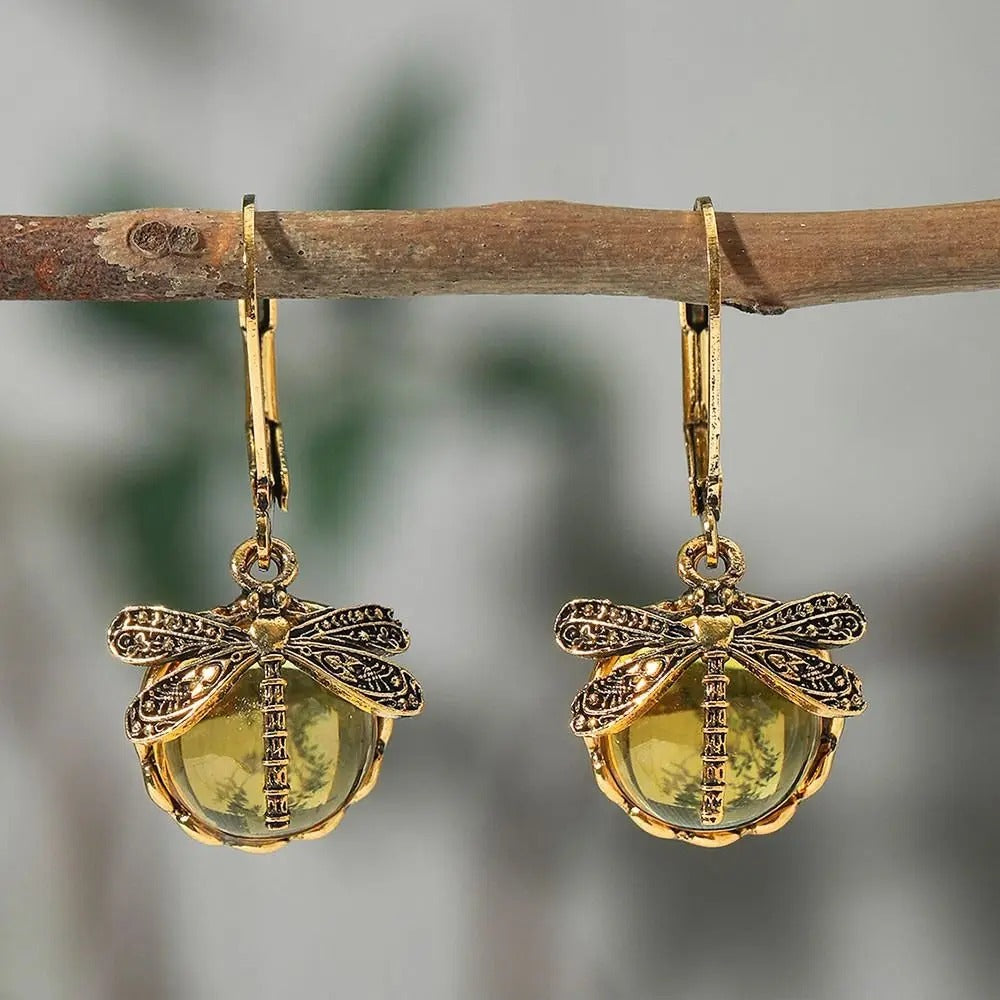 Metal Dragonfly Pendant Earrings Creative Carving Pattern Vintage Drop Earrings Inlaid Moonstone Drop Earrings Women