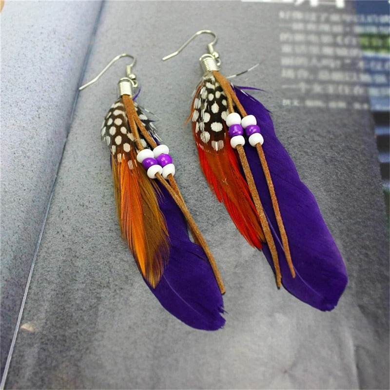 Colorful Feather Tassel Earrings 1 Pair Leather Beads Jewelry