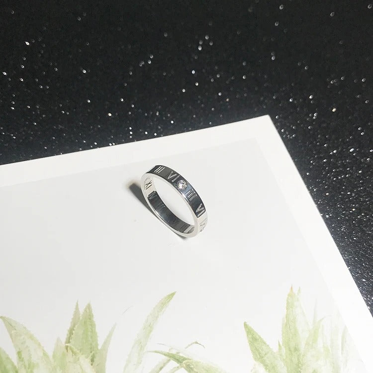 Rose Gold Roman Numeral Couple Ring Zircon Titanium Steel