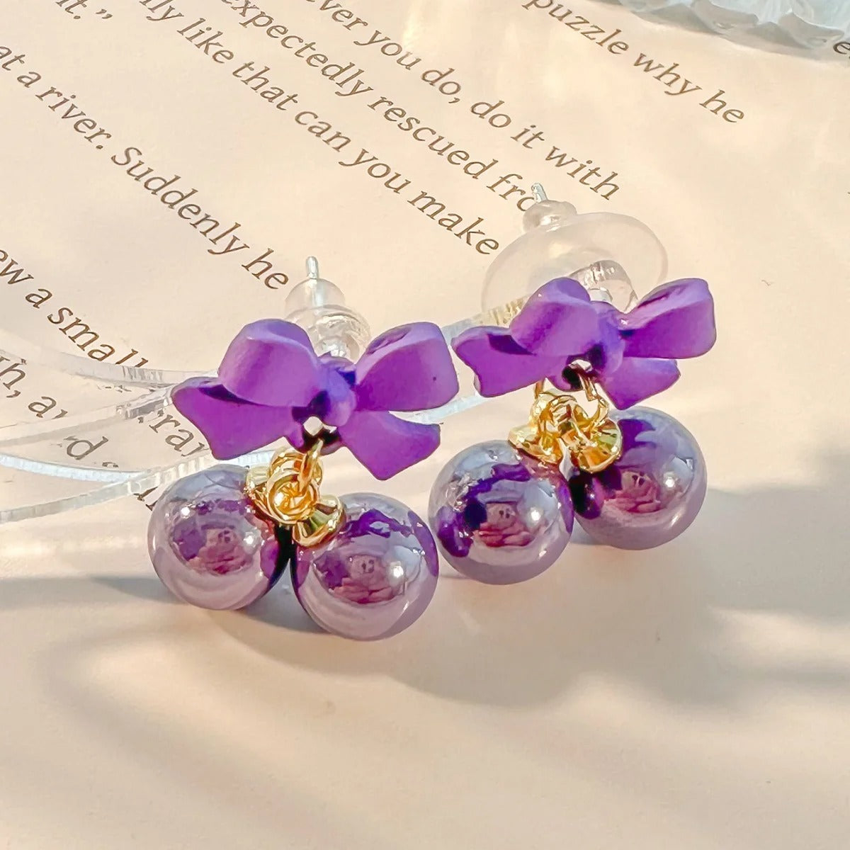 Super Sweet Pink Bow Earrings  Silver Needle Sweet Girl Heart Candy Bead Earrings Summer Fresh Earrings