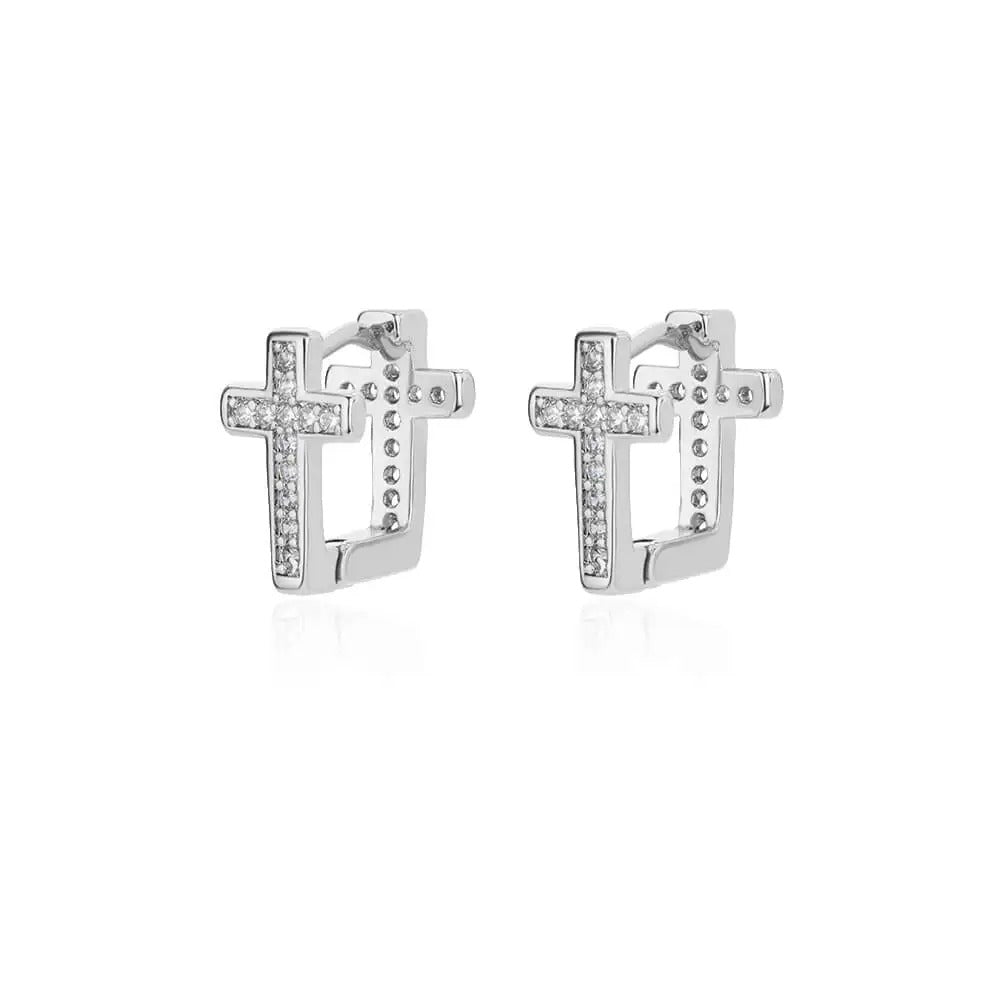 Zircon Cross Hoop Earrings For Women Stainless Steel Hip Hop Punk Small Geometric Round Earrings Religion Jewelry Gift