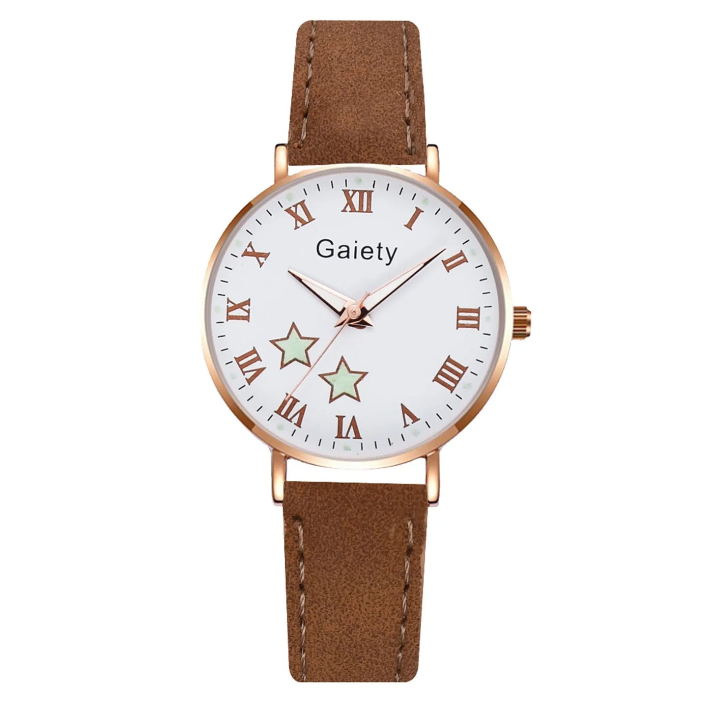 Ladies Quartz Watch with Leather Strap Star Pattern Dial