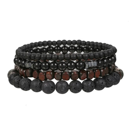 4pcs Black Lava Stone & Wood Beads Bracelet Set for Men & Couples