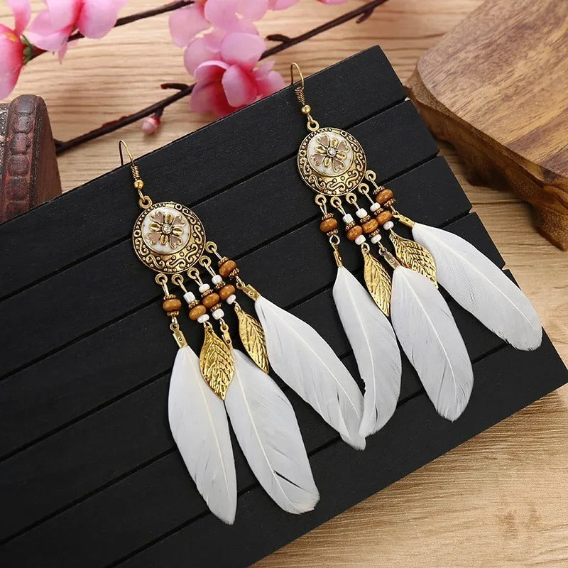 Antique Alloy Feather Tassel Earrings Wood Bead Leaf Jewelry for Women
