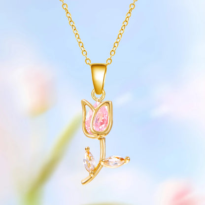 Light Luxury Zircon Tulip Flower Pendant Necklace for Women Elegant Stainless Steel Clavicle Chain Fashion Party Jewelry Gift
