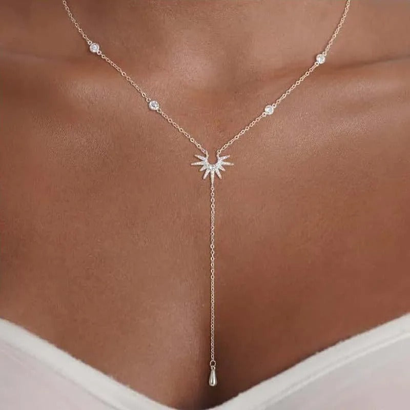 Gold Y-Shaped Sun Pendant Necklace Zircon Tassel