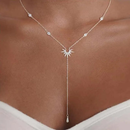 Gold Y-Shaped Sun Pendant Necklace Zircon Tassel