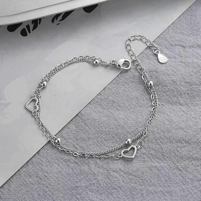 Silver Double Heart Bracelet Women’s Adjustable Jewelry