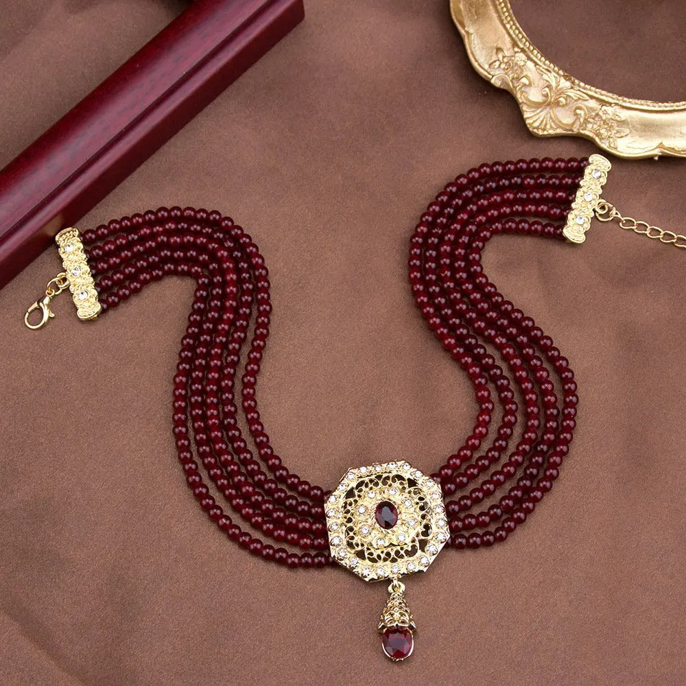 Sunspicems Chic Morocco Jewelry Bead Chain Choker Necklace For Women Gold Color Square Mesh Pendnat Arabic Bridal Wedding Bijoux