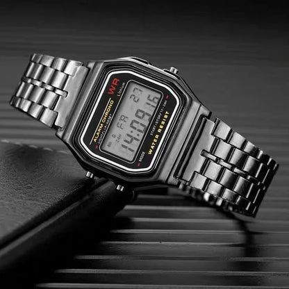 Luxury Gold & Silver Retro LED Digital Watch – Unisex Sports Military Wristwatch with Steel Band
