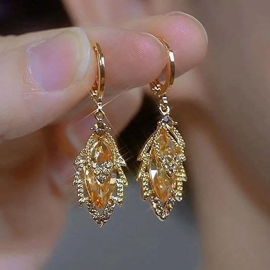 Shiny Brown Zircon Leaf Earrings Women Temperament Party Jewelry