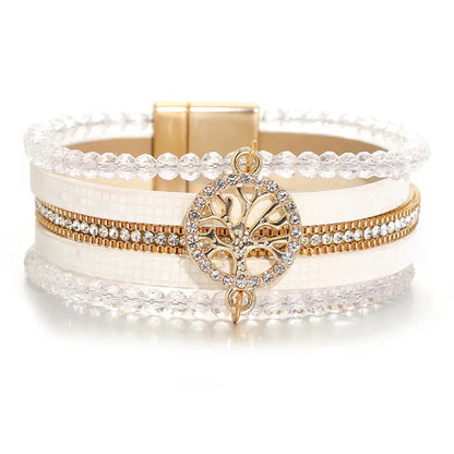 Vintage Tree of Life Leather Bracelet for Women Multilayer Crystal Beads Chain Wrap Bracelets & Bangles Party Jewelry