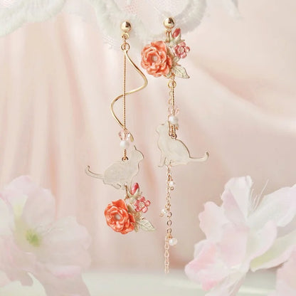 2025 New Korean Style Flower Dangle Earrings for Women Shiny Rhinestone Long Tassel Cute Cat Earring Sweet Jewelry