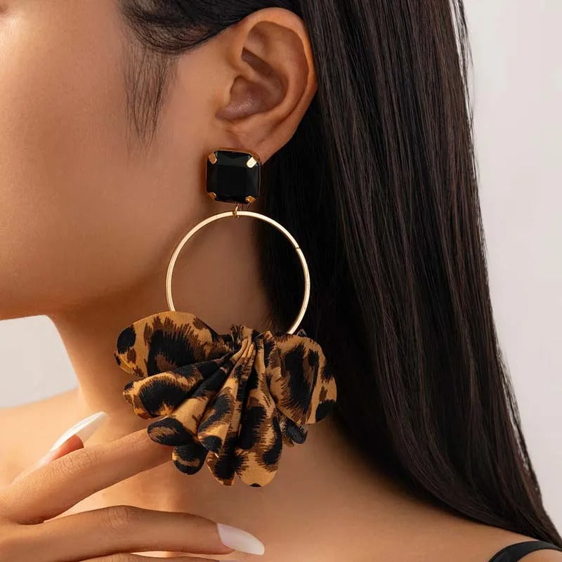 Retro Leopard Print Drop Earrings Black Crystal Geometric Women
