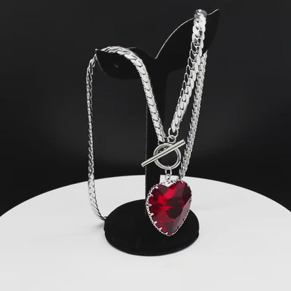 Goth Punk Red Heart Necklace Choker for Women Stainless Steel Silver Color Glass Pendant Clavicle Chain Necklaces Jewelry NXS03