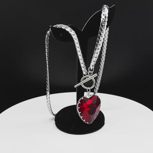 Goth Punk Red Heart Necklace Choker for Women Stainless Steel Silver Color Glass Pendant Clavicle Chain Necklaces Jewelry NXS03