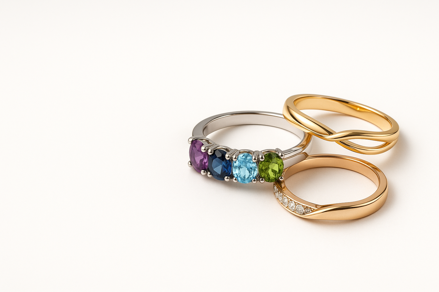Three rings in right corner - rose gold, silver, and gold