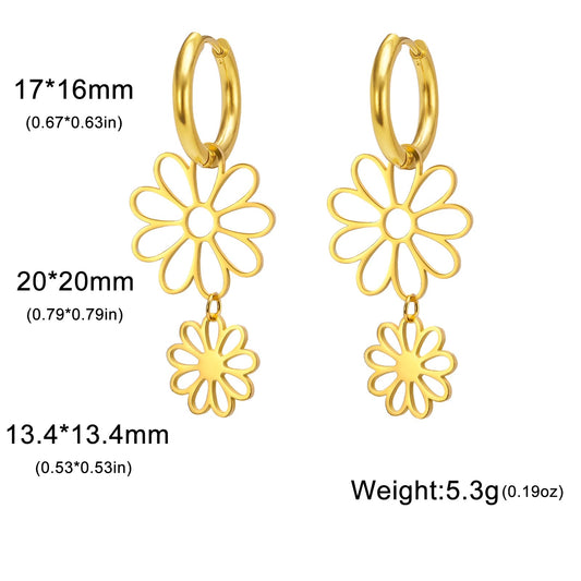 Bohemian Nine-Petal Flower Hoop Earrings Hollow Stainless Steel Pendant Jewelry for Women.