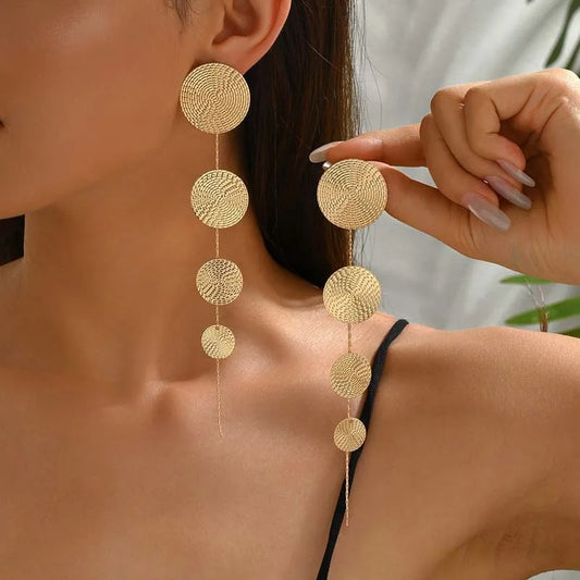 Gold Circular Pendant Tassel Earrings Long Geometric Statement Jewelry for Women ✨